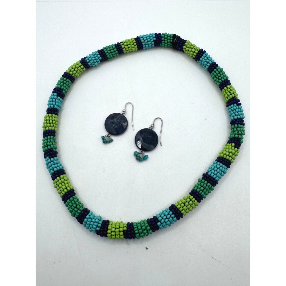 Handmade Seed Bead Rope Necklace and Blue Stone Drop Earring Set Blue Green
